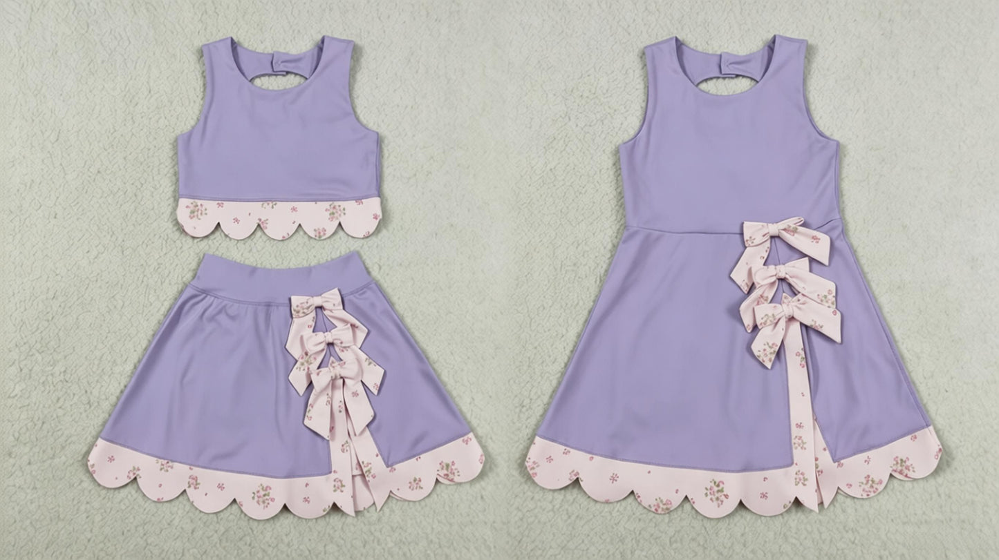 Sibling Baby Girls Kids Sleeveless Floral Bows Purple Skort Yoga Active Dress Set Clothes RTS