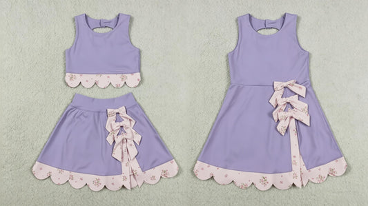 Sibling Baby Girls Kids Sleeveless Floral Bows Purple Skort Yoga Active Dress Set Clothes RTS