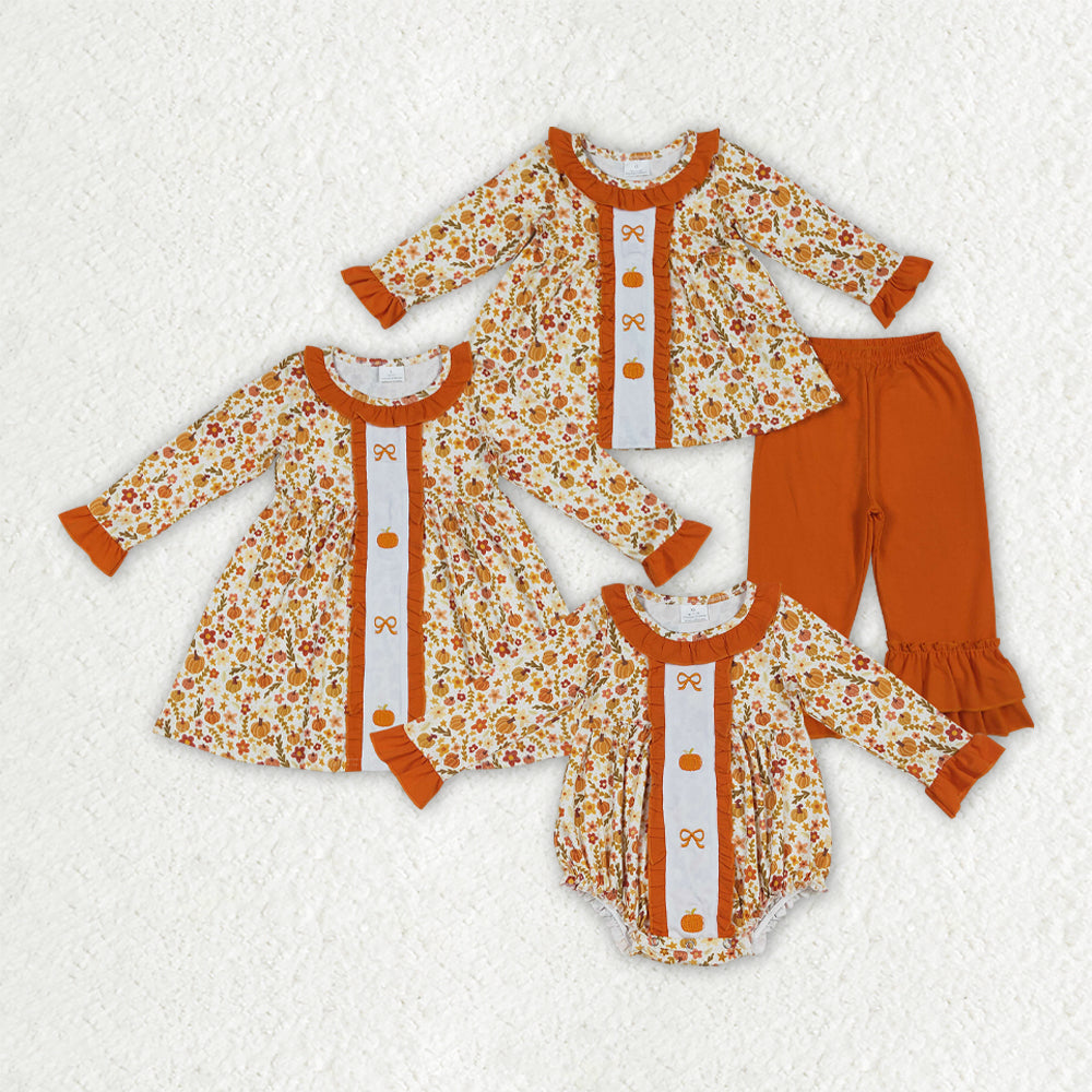 Baby Girl Long Sleeves Embroidery Pumpkins Bows Floral Sibling Fall Romper Dress Set RTS