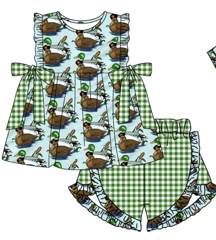 Baby Boy Girl Duck Plaid Bows Sibling Matching Green Dress Romper Clothes Set ( Moq 5 Each style )