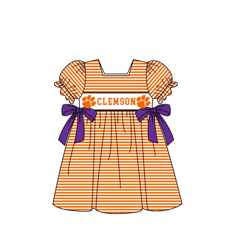 ( Moq 5 ) Baby Girls Toddler Short Sleeves Orange Stripes Purple Bows Knee Length Dress
