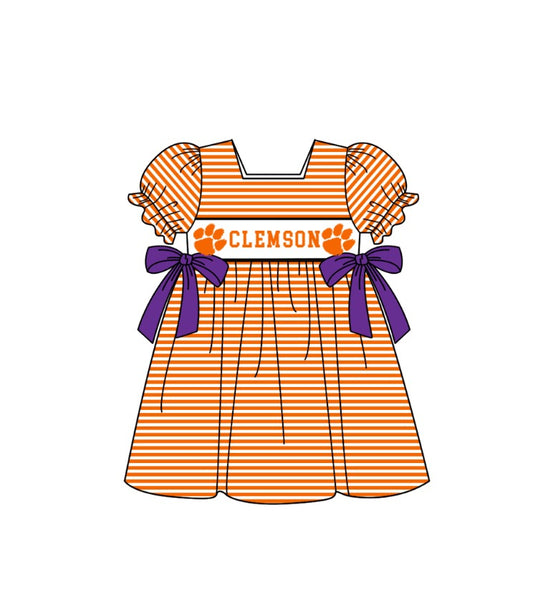 ( Moq 5 ) Baby Girls Toddler Short Sleeves Orange Stripes Purple Bows Knee Length Dress