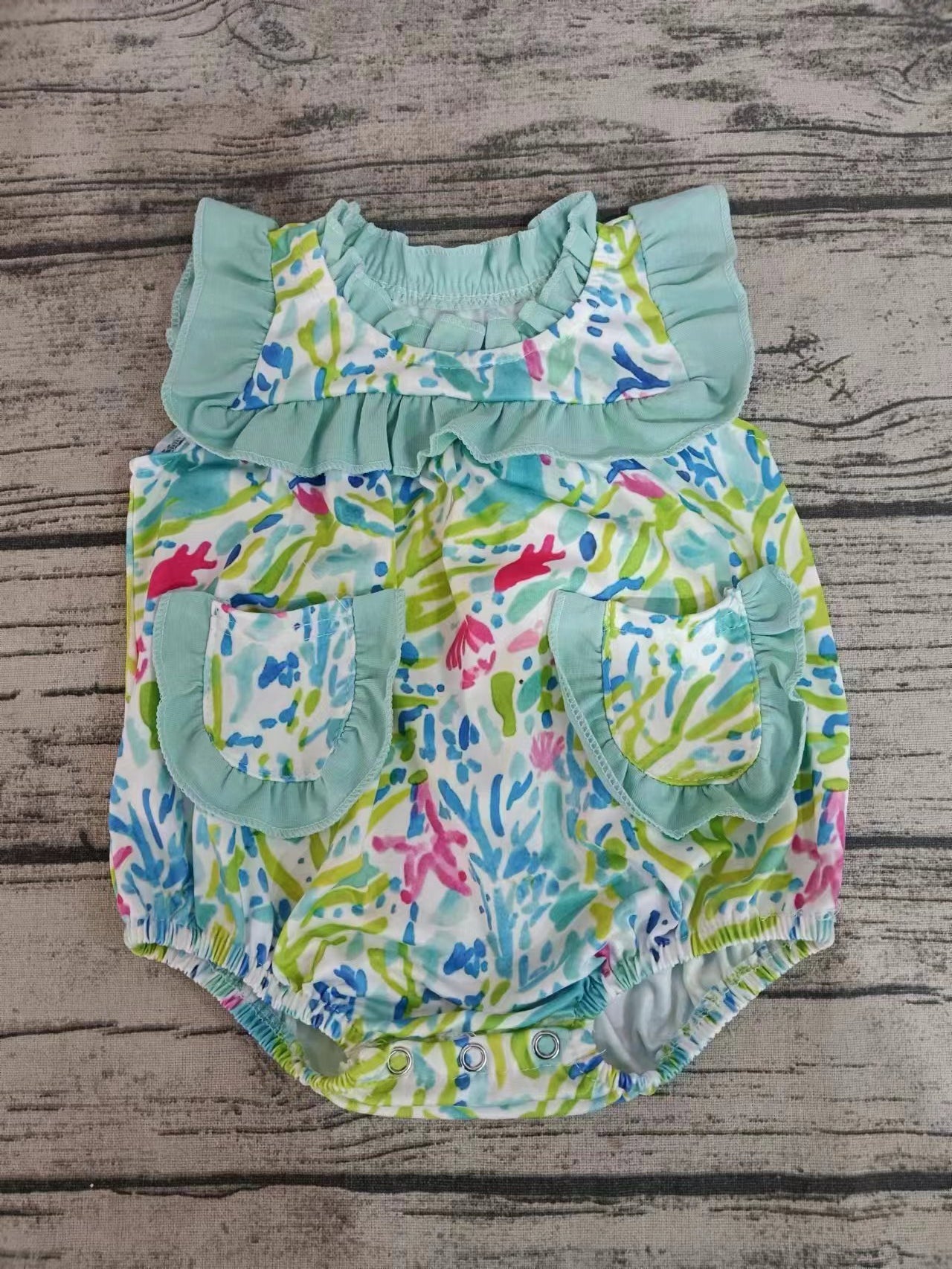 Moq 5 Baby Girl Ruffle Pocket Green Bubble One Piece Romper