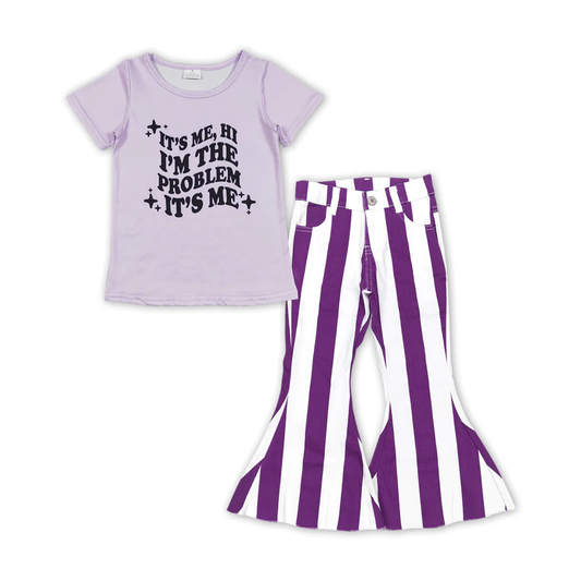 GSPO1476 Baby Girl Short Sleeves Singer Shirt Purple Stripes Denim Bell Pants Set