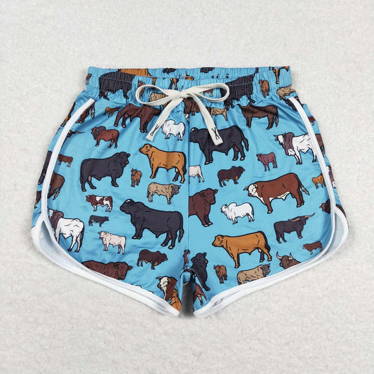 SS0129 Adult Women Western Cow Print Summer Blue Running Shorts