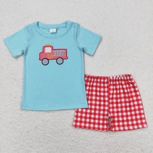 Baby Boy Short Sleeves Embroidery Fire Truck Shirt Plaid Shorts Set