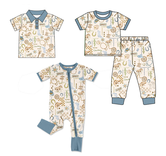 ( Moq 5 Each Style ) Sibling Baby Boys Kids Western Boots Romper Shirt Set Clothes