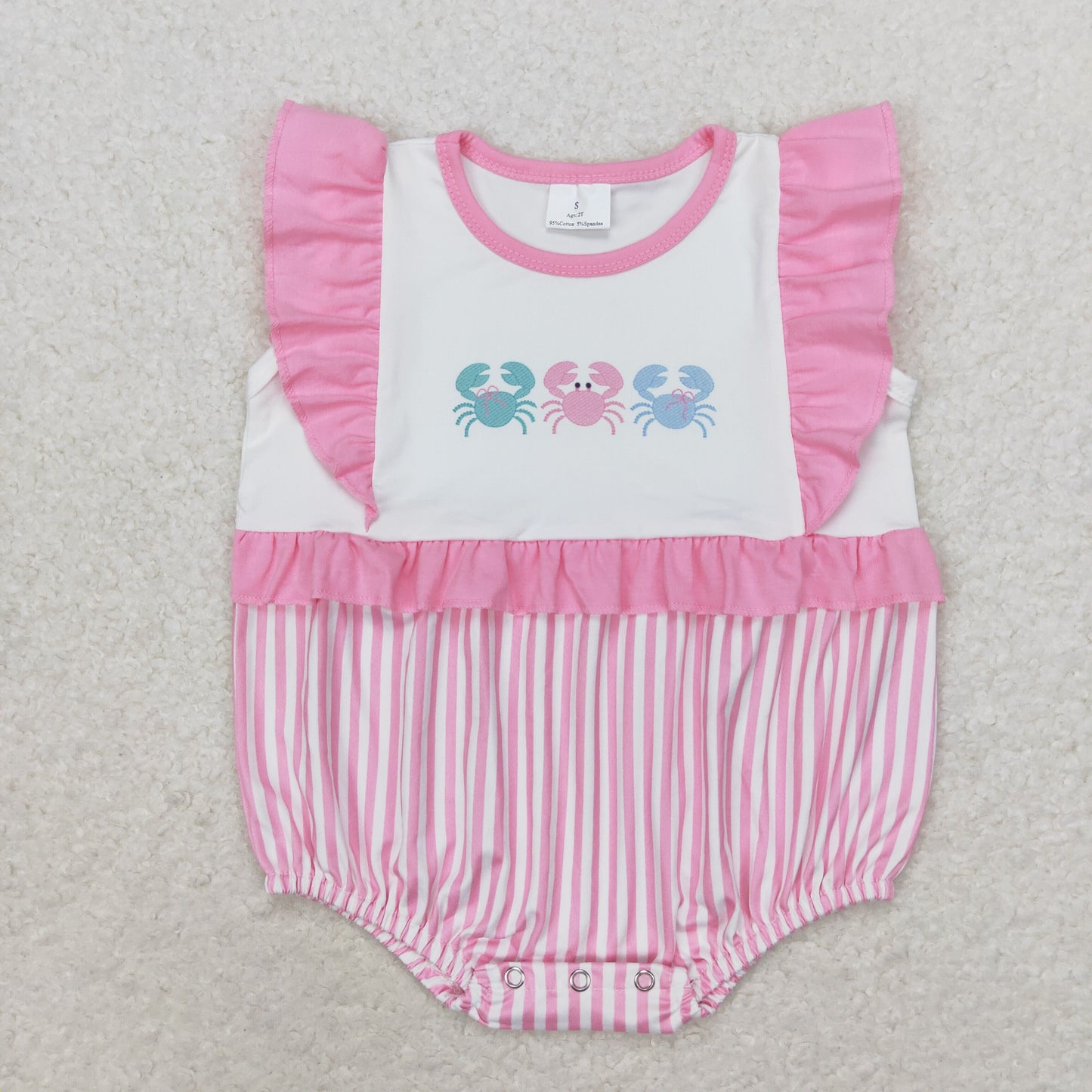 Baby Girl Short Sleeves Crabs Pink Stripes Bubble Romper