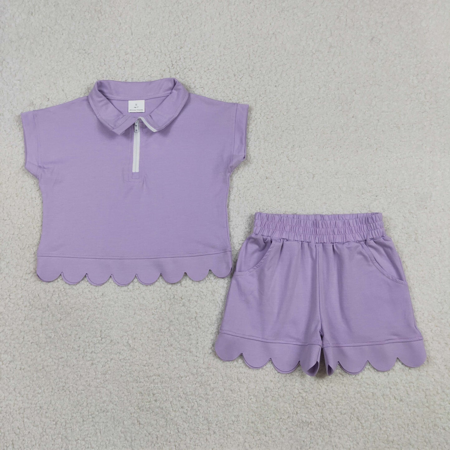 Baby Girls Kids Short Sleeves Zipper Shirt Scallop Shorts Cotton Purple Set RTS
