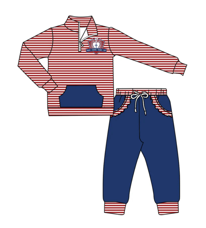 ( Moq 5 ) Baby Girls Toddler Stripes Long Sleeves Zipper Church Pullover Pockets Pants Team Clothes Outfit