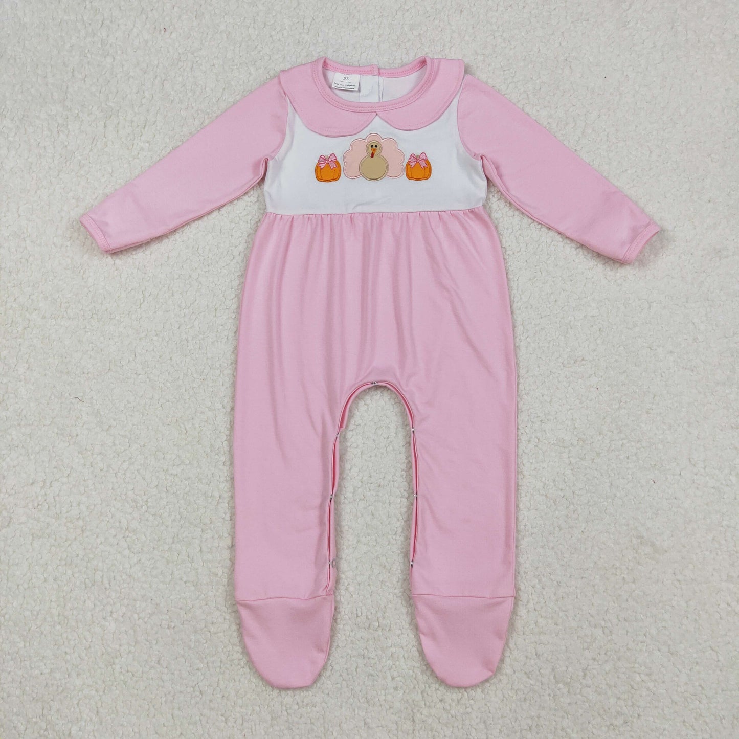 Sibling Boys Girls Infant Long Sleeves Embroidery turkey Pumpkins Thanksgiving Footies Romper RTS