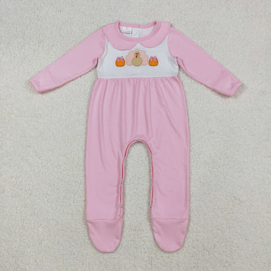 Baby Girl Pink Long Sleeves Embroidery turkey Pumpkins Thanksgiving Footie Sleeper Romper RTS