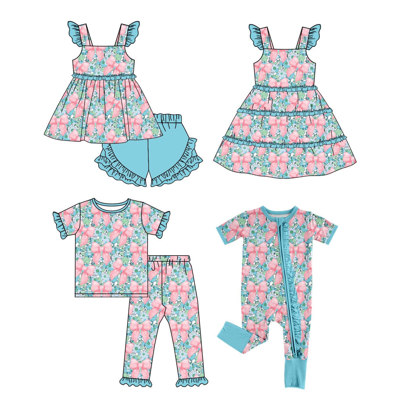 Baby Girl Flower Bows Sibling Matching Dress Romper Blue Clothes Set ( Moq 5 Each style )