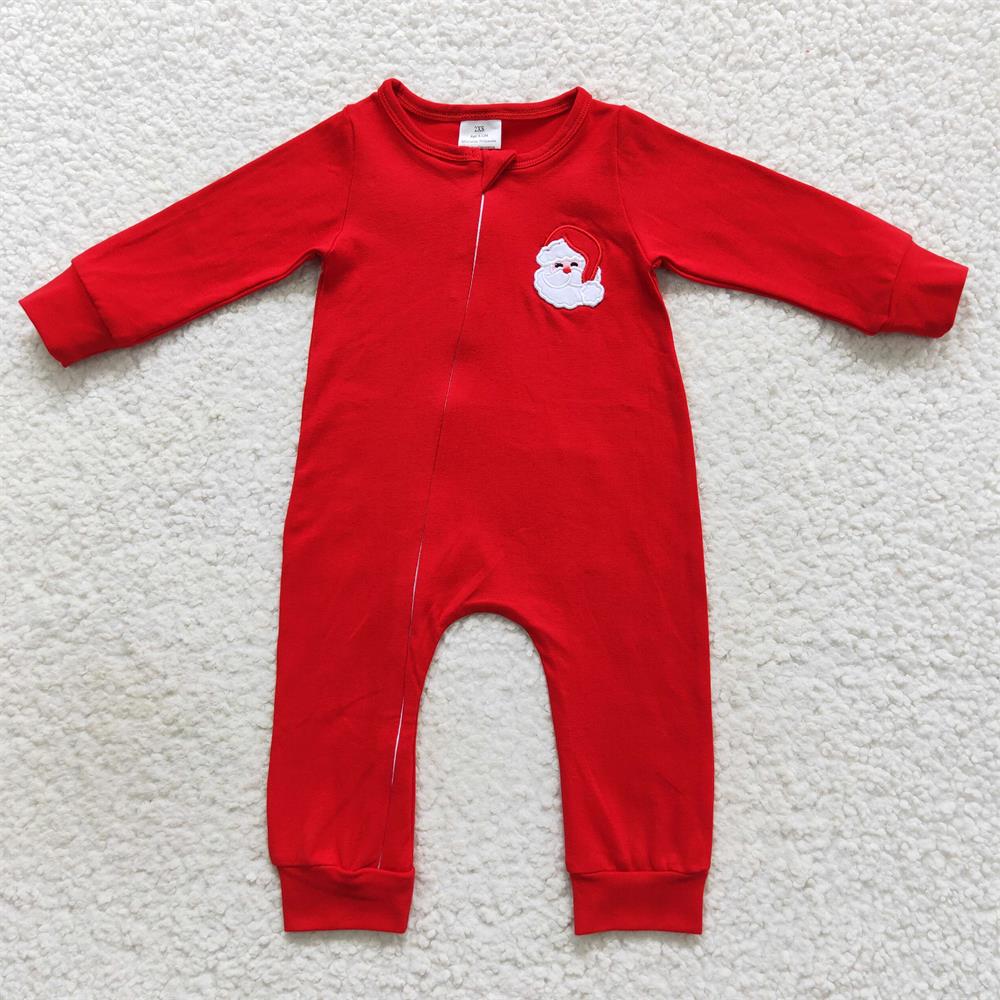 LR0598 Baby Boy Embroidery Christmas Santa Long Sleeves Red Zipper One Piece Romper