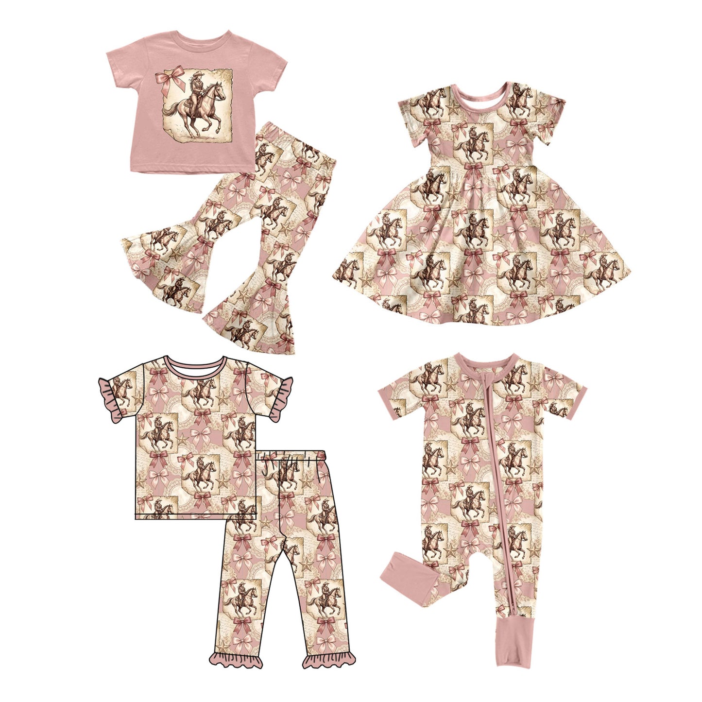 ( Moq 5 Each Style ) Baby Girls Kids Short Sleeves Bows Sibling Western Romper Dress Sets