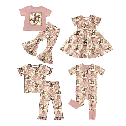 ( Moq 5 Each Style ) Baby Girls Kids Short Sleeves Bows Sibling Western Romper Dress Sets
