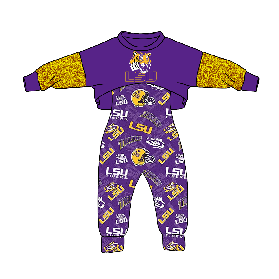 Baby Girl Long Sleeves Purple Tiger Tops jumpsuit Team Set