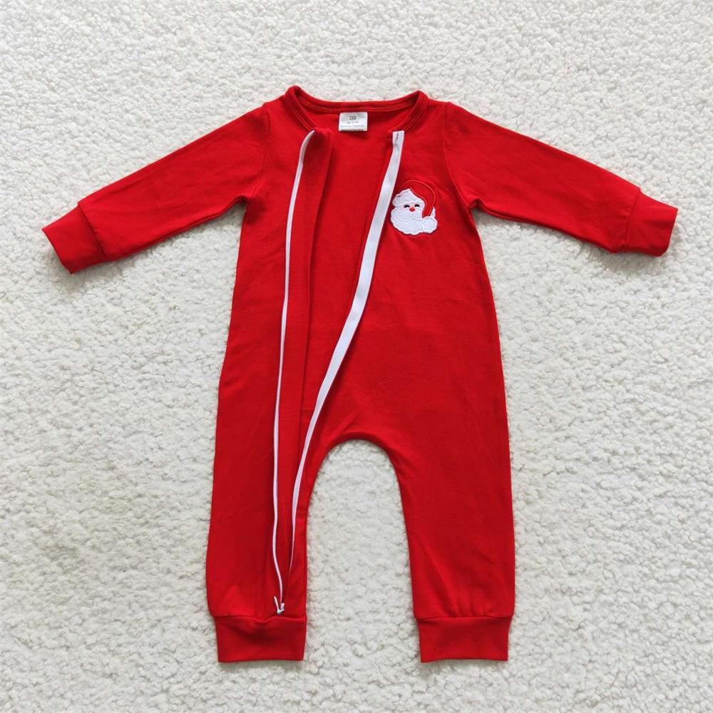 LR0598 Baby Boy Embroidery Christmas Santa Long Sleeves Red Zipper One Piece Romper