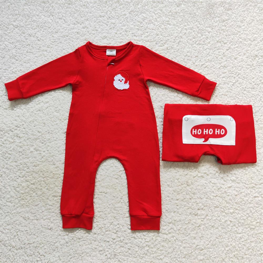 LR0598 Baby Boy Embroidery Christmas Santa Long Sleeves Red Zipper One Piece Romper