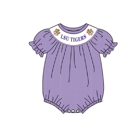 Baby Girl Team Short Sleeves Purple Checkered Tiger Bubble Romper