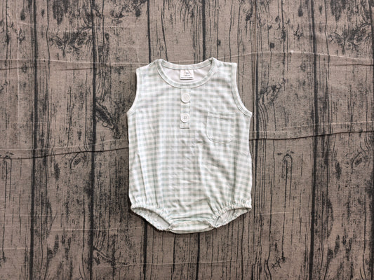 ( No moq ) Preorder Baby Boy Infant Sleeveless Green Plaid Pocket Summer Bubble Romper