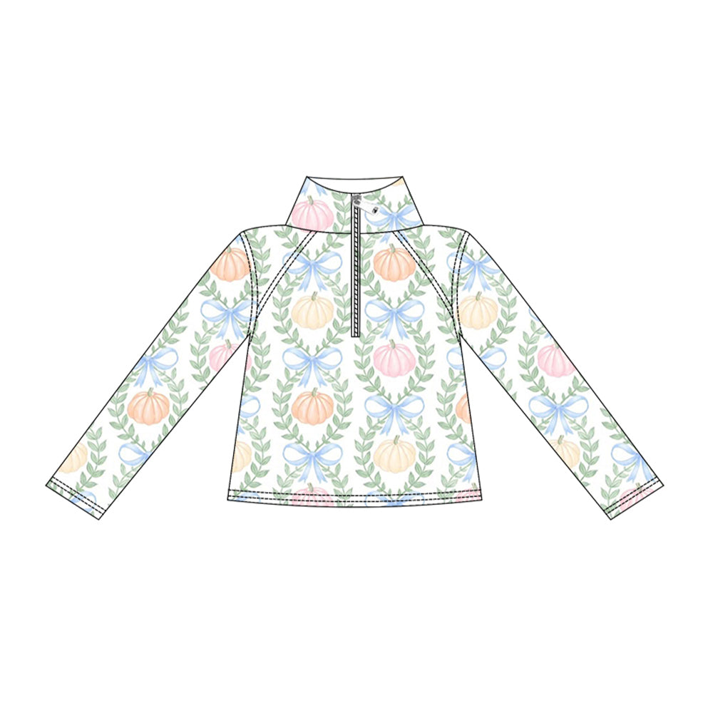 ( Moq 5 ) Preorder Baby Girls Kids Long Sleeves Pumpkins Bows Zipper Yoga Fall Shirt