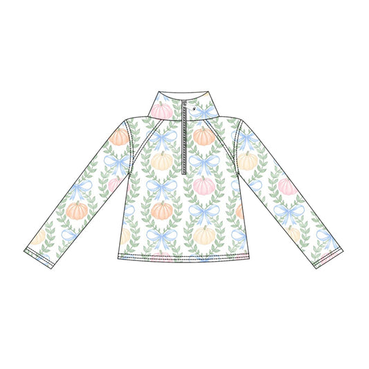 ( Moq 5 ) Preorder Baby Girls Kids Long Sleeves Pumpkins Bows Zipper Yoga Fall Shirt
