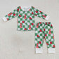 BLP0317 Baby Boy Long Sleeves Christmas Green Checkered Pants Pajamas Outfit