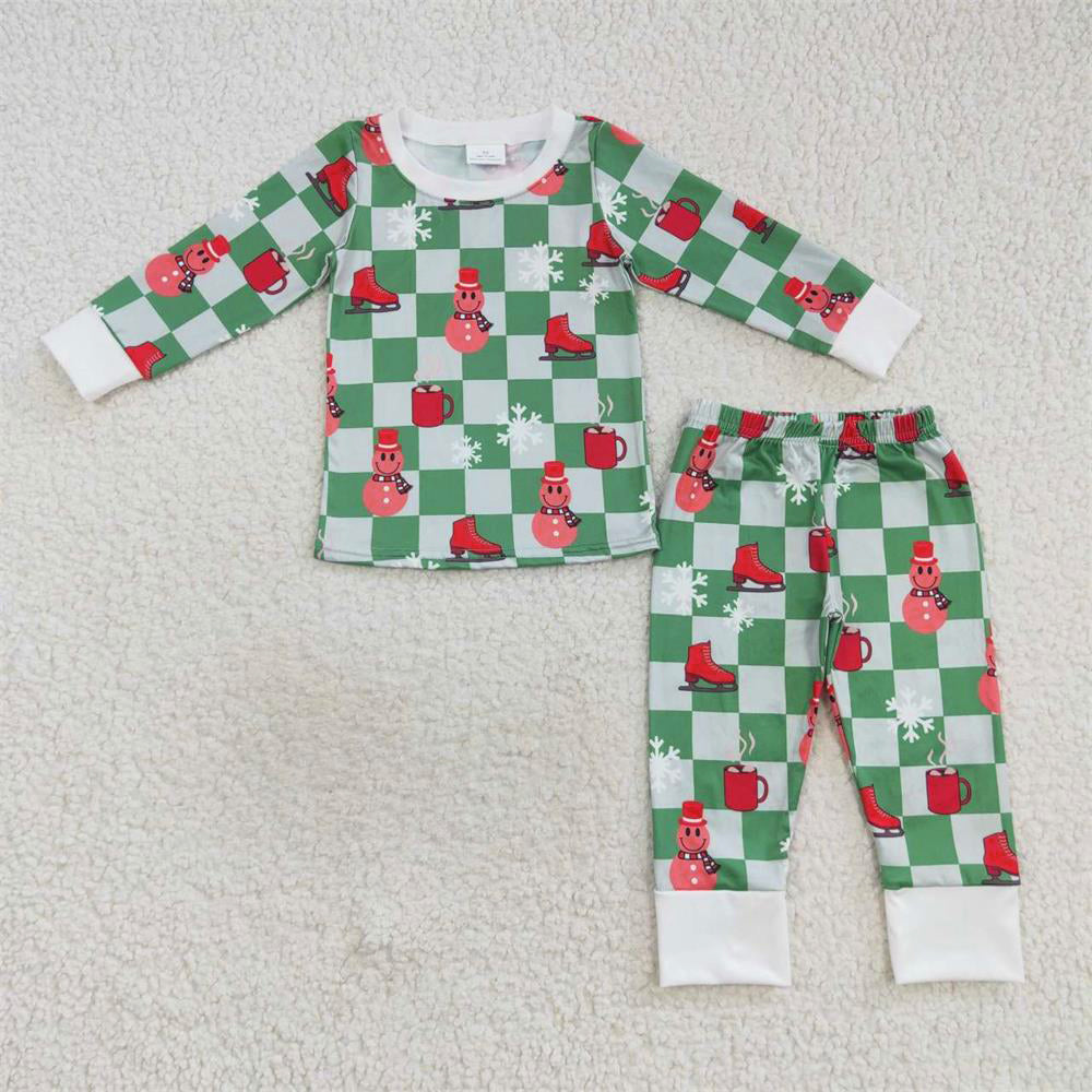 BLP0317 Baby Boy Long Sleeves Christmas Green Checkered Pants Pajamas Outfit