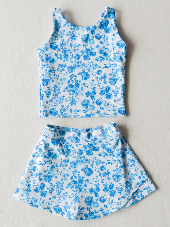 Moq 3 Pre-order Baby Girl Sleeveless Blue Floral Tops Skirts Shorts Set