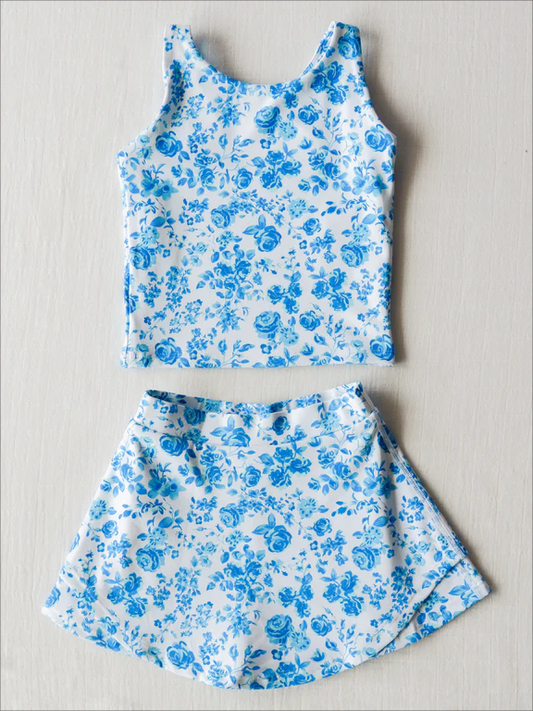 Moq 3 Pre-order Baby Girl Sleeveless Blue Floral Tops Skirts Shorts Set