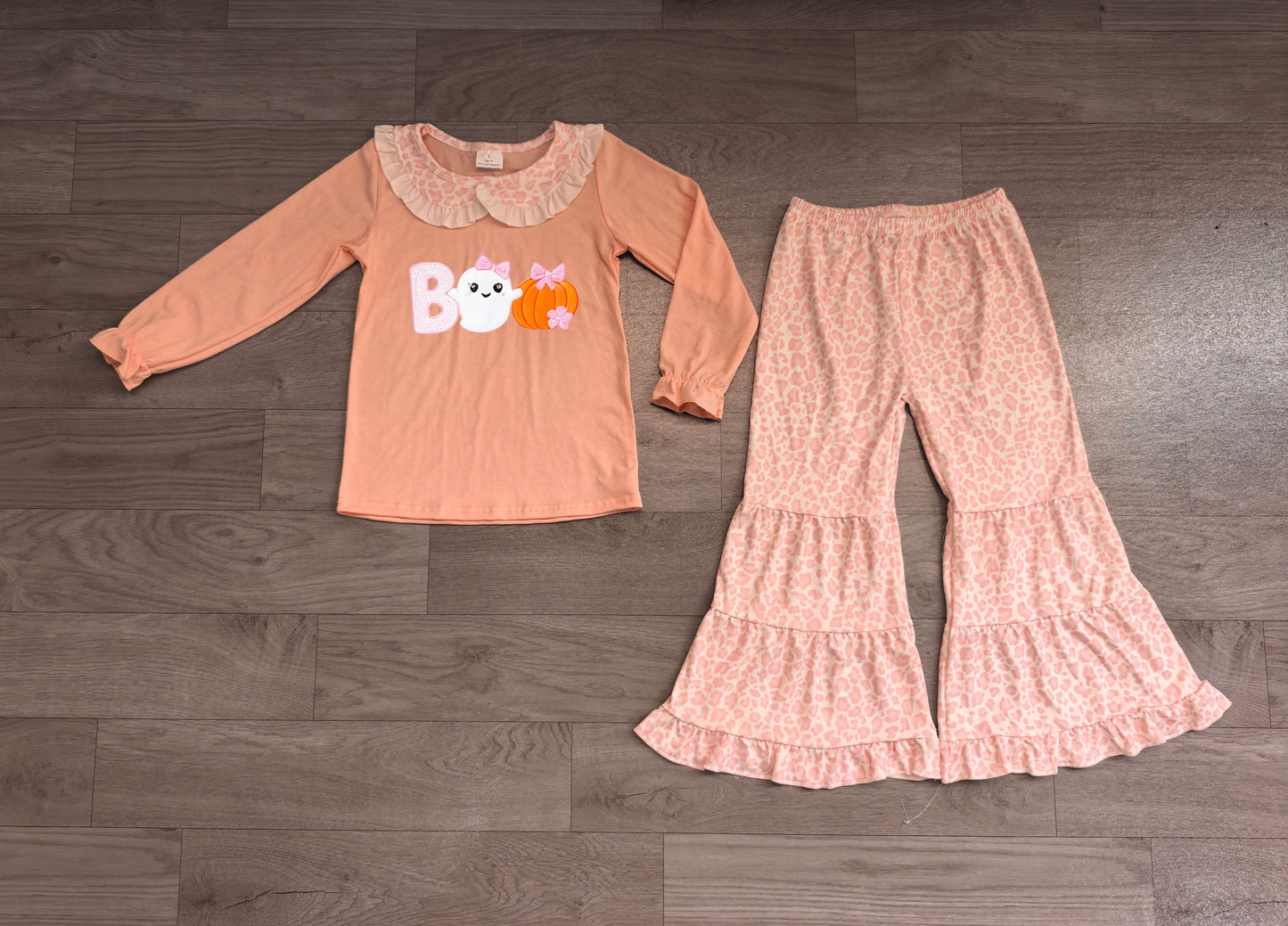 ( No moq ) Preorder Baby Girls Kids Ghost Pumpkin Bows Shirt Leopard Pants Set Halloween Clothes