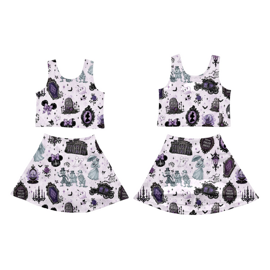 ( Moq 5 ) Preorder Baby Girls Kids Bows Ghosts Shirt Cartoon Skirt Shorts Halloween Set Yoga Active Clothes