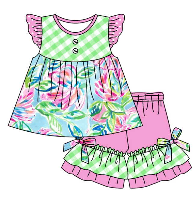 Baby Boy Girl Short Sleeves Colorful Flower Sibling Matching Dress Romper Blue Clothes Set Moq 5 Each style