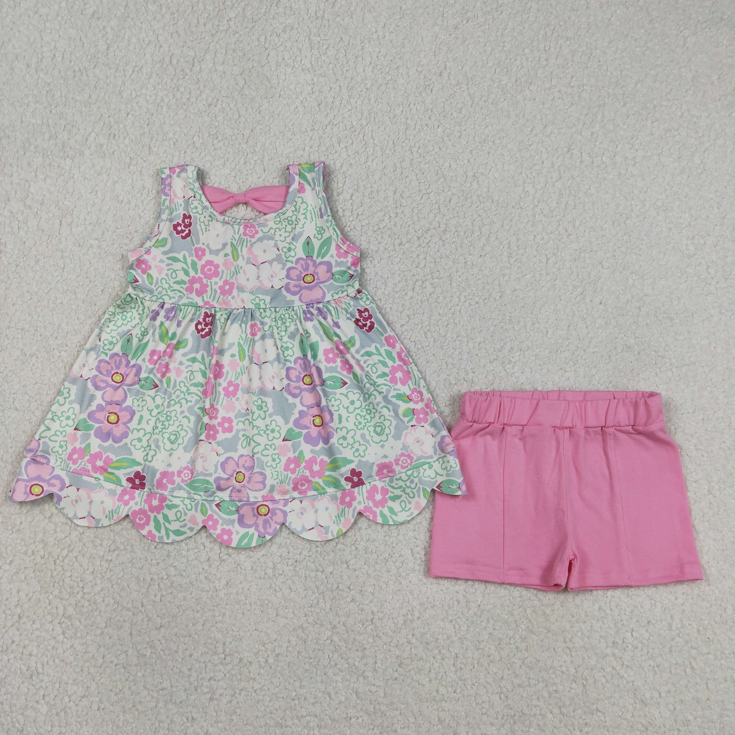 Baby Girls Kids Sleeveless Flower Bows Tops Pink Shorts Summer Set RTS