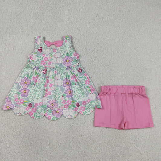 Baby Girls Kids Sleeveless Flower Bows Tops Pink Shorts Summer Set RTS
