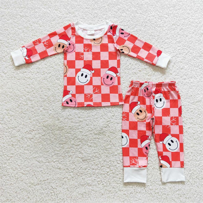 BLP0317 Baby Boy Long Sleeves Christmas Green Checkered Pants Pajamas Outfit