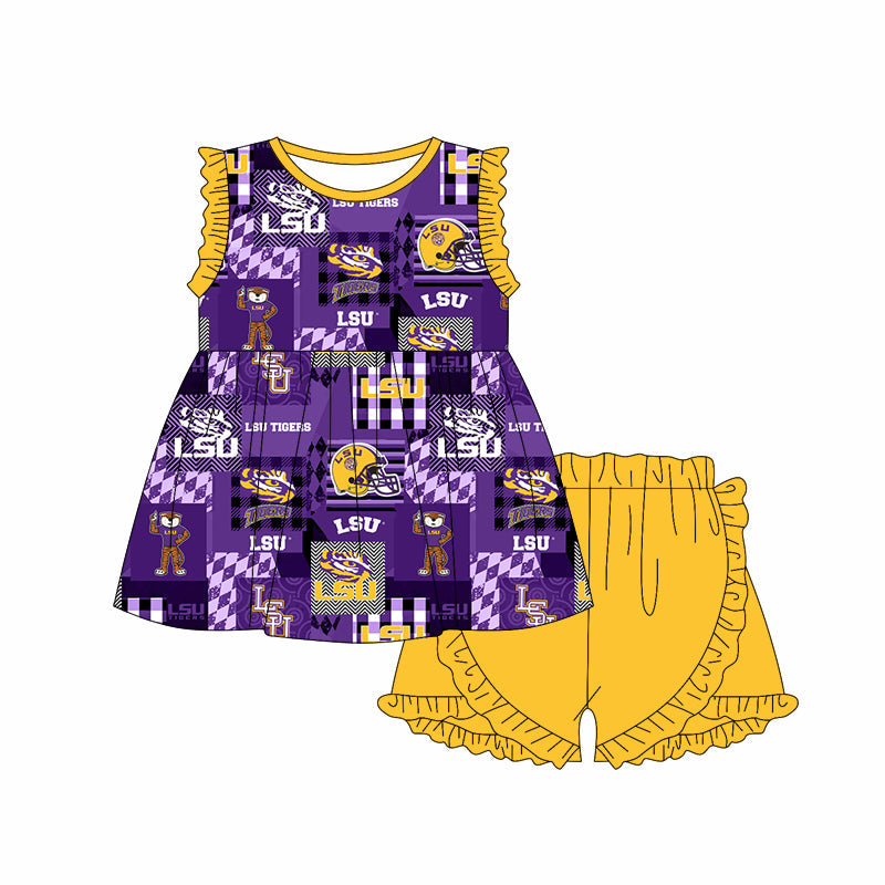 Baby Girl Sleeveless Tiger Team Tunic Yellow Shorts Set Moq 5