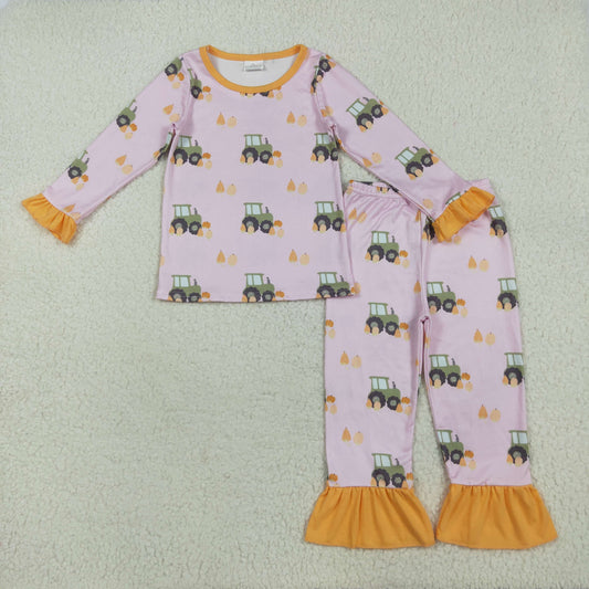 Baby Girl Pink Long Sleeves Pumpkins Tractors Shirt Pants Fall Pajamas Set RTS