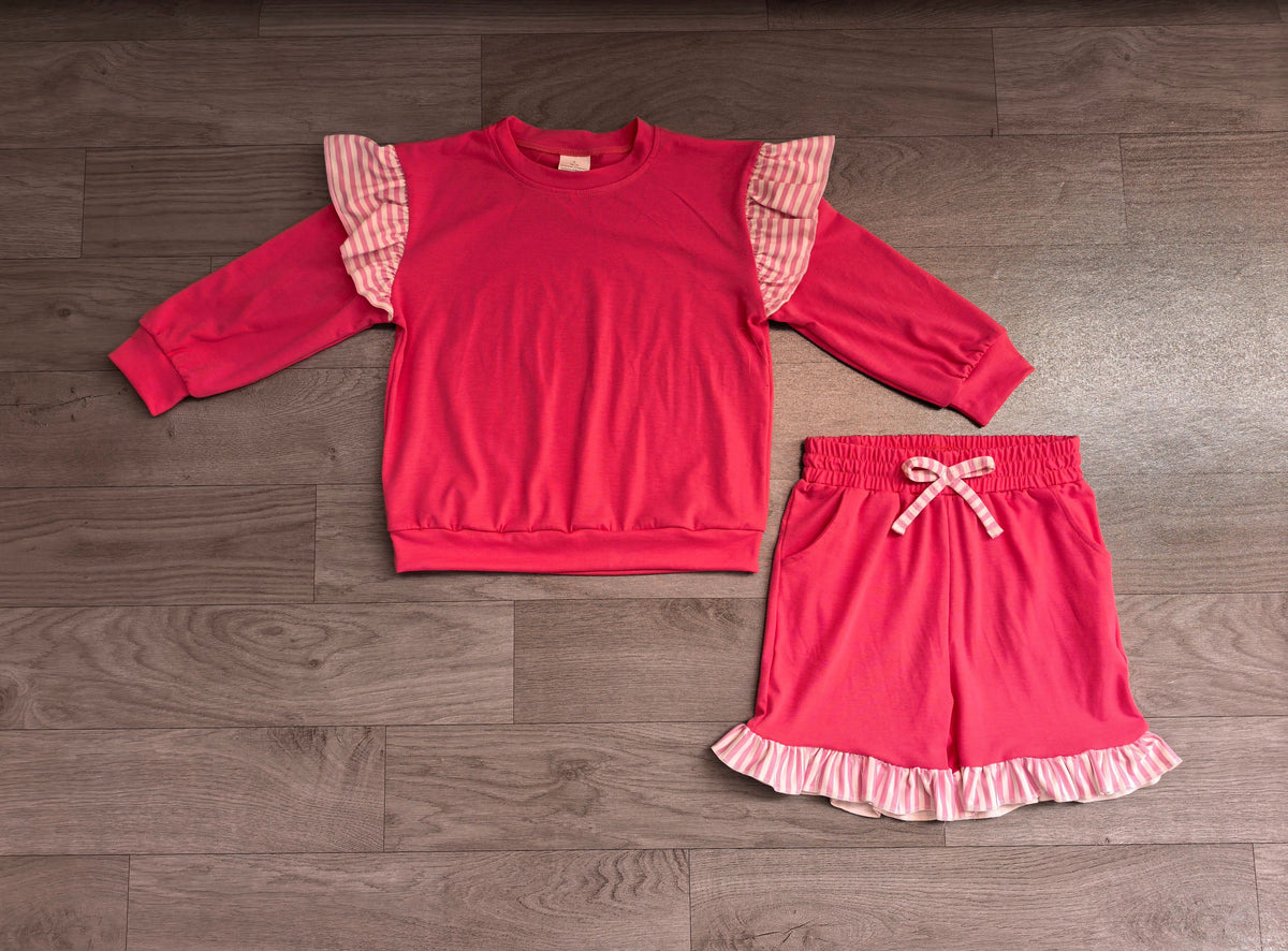 ( No moq ) Preorder Baby Girls Kids Hot Pink Long Sleeves Tops Pockets Shorts Cotton Set Clothes
