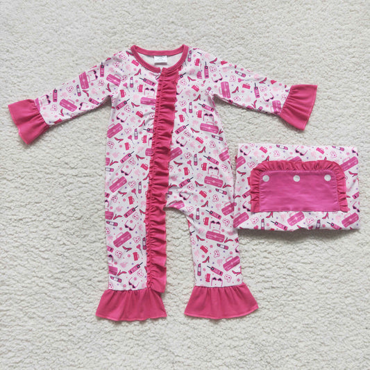 LR0600 Baby Girl Pink Doll Long Sleeves Zipper One Piece Romper