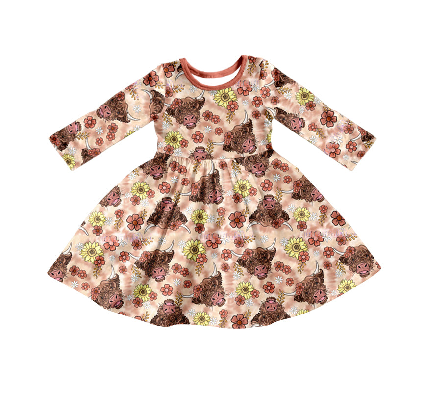 Baby Girl Long Sleeves Western Cow Floral Dress Moq 5