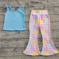 Baby Girl Blue Sleeveless Tops Flower Plaid Bell Bottom Pants Set RTS