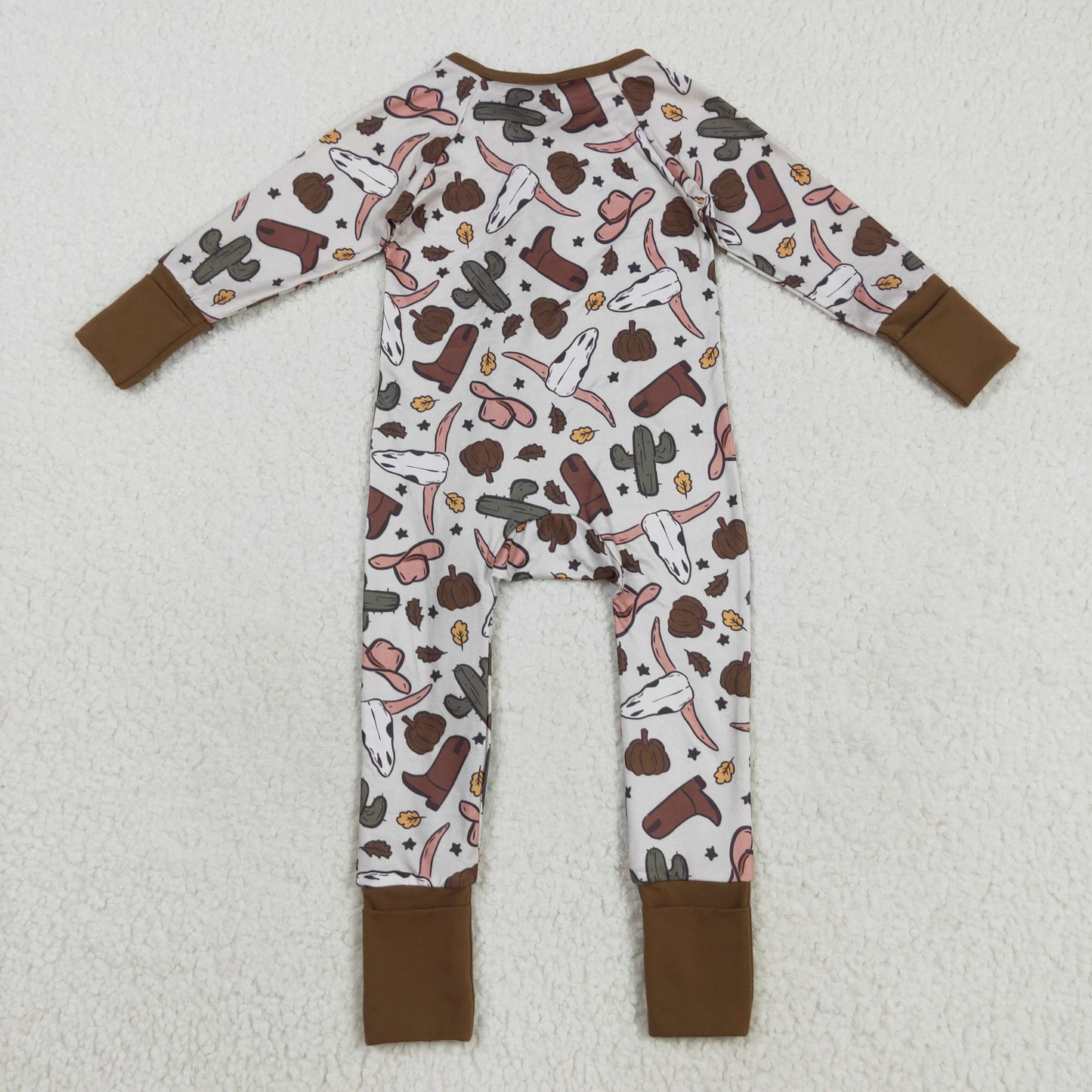 Baby Boy Long Sleeves Pumpkins Western Cow Boots Cactus Zipper Fall Romper RTS
