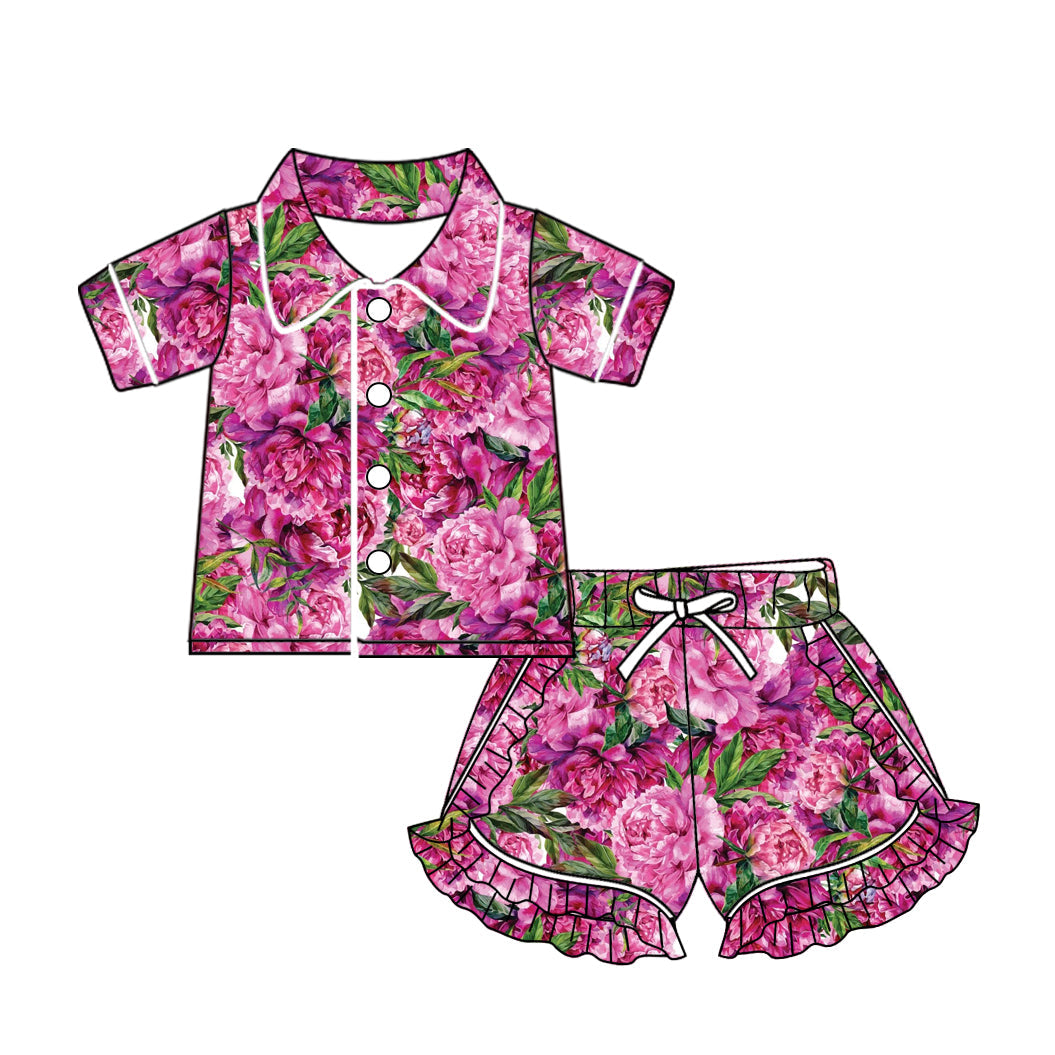 Baby Girl Short Sleeves Buttons Short Summer Flower Pajamas Pink Set Moq 5