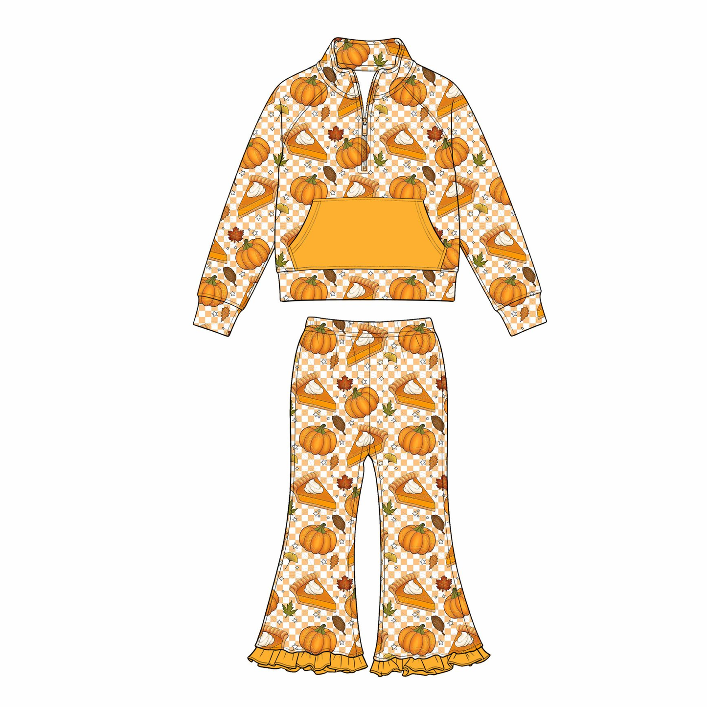 ( Moq 5 ) Preorder Baby Girls Kids Pumpkins Plaid Zipper Shirt Pants Set Fall Clothes