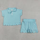 Baby Girls Kids Short Sleeves Zipper Shirt Scallop Shorts Blue Green Set RTS