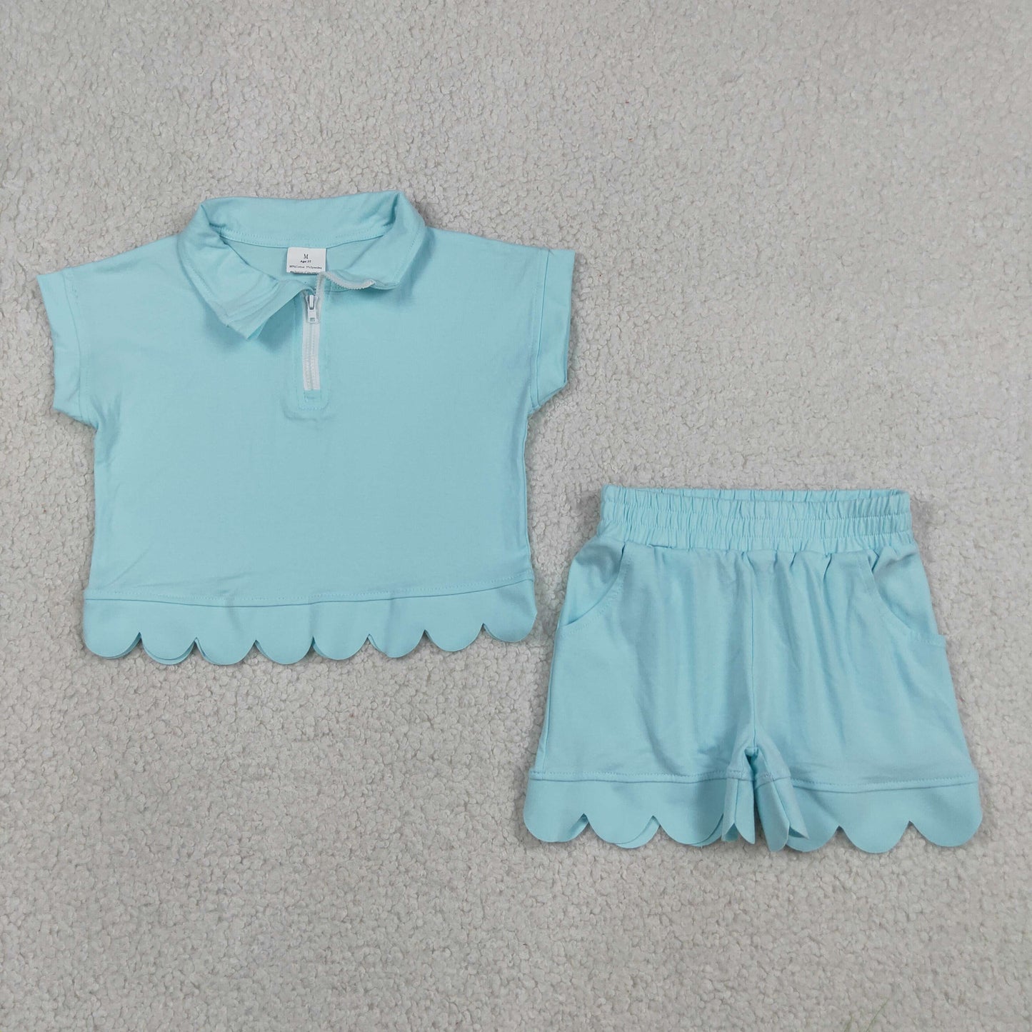 Baby Girls Kids Short Sleeves Zipper Shirt Scallop Shorts Blue Green Set RTS