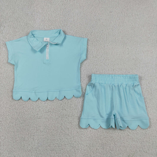 Baby Girls Kids Short Sleeves Zipper Shirt Scallop Shorts Blue Green Set RTS