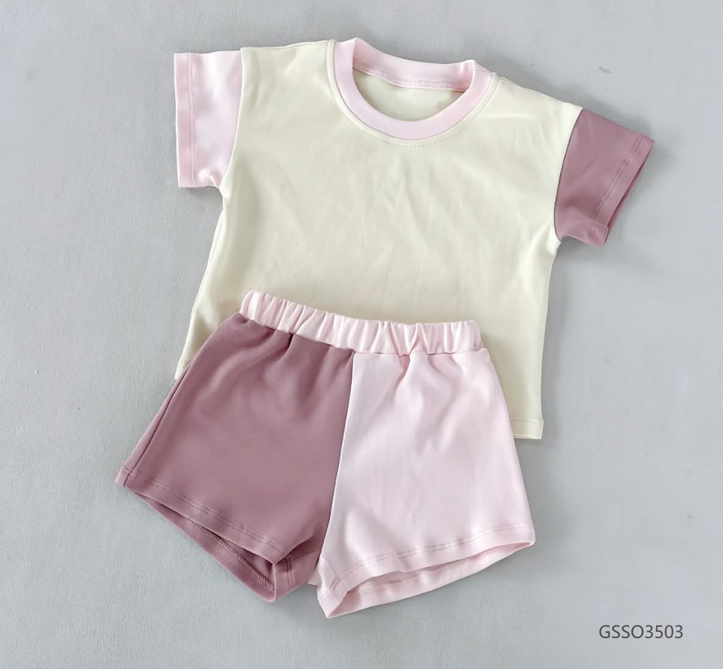 ( Moq 5 ) Preorder Baby Girls Short Sleeves Shirt Patchwork Shorts Set Summer Clothes